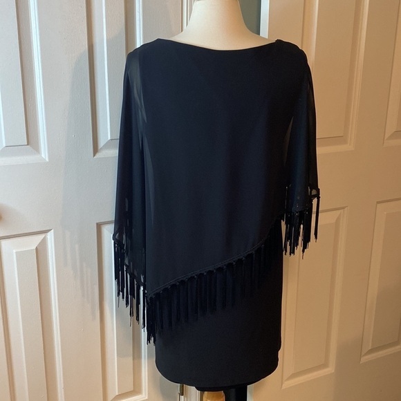 Xscape Black Dress with Fringe Cape Overlay Size 10 in EUC - Picture 4 of 6